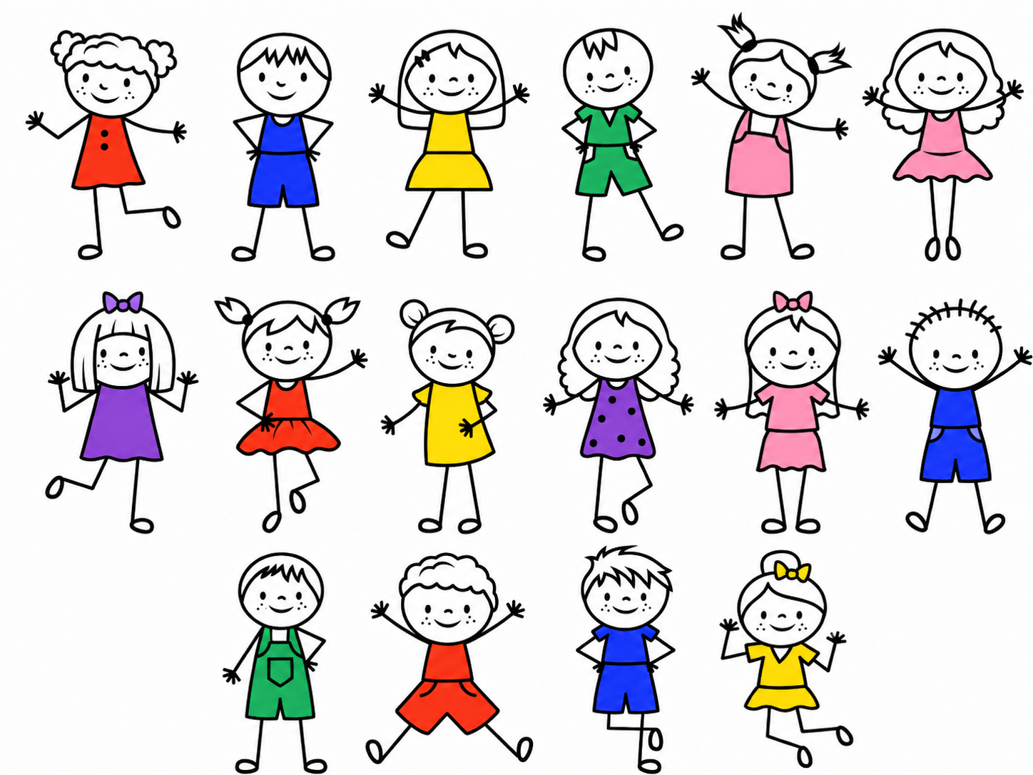Sticker sheet of Spike's sixteen friends, each wearing brightly colored clothes