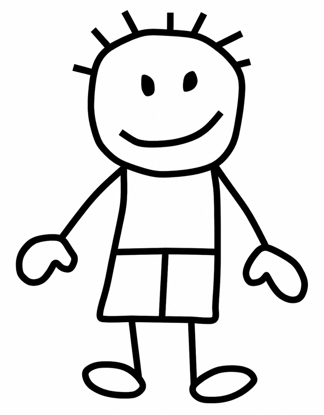 Spike — a smiling stick-figure kid with spiky hair, drawn in black and white